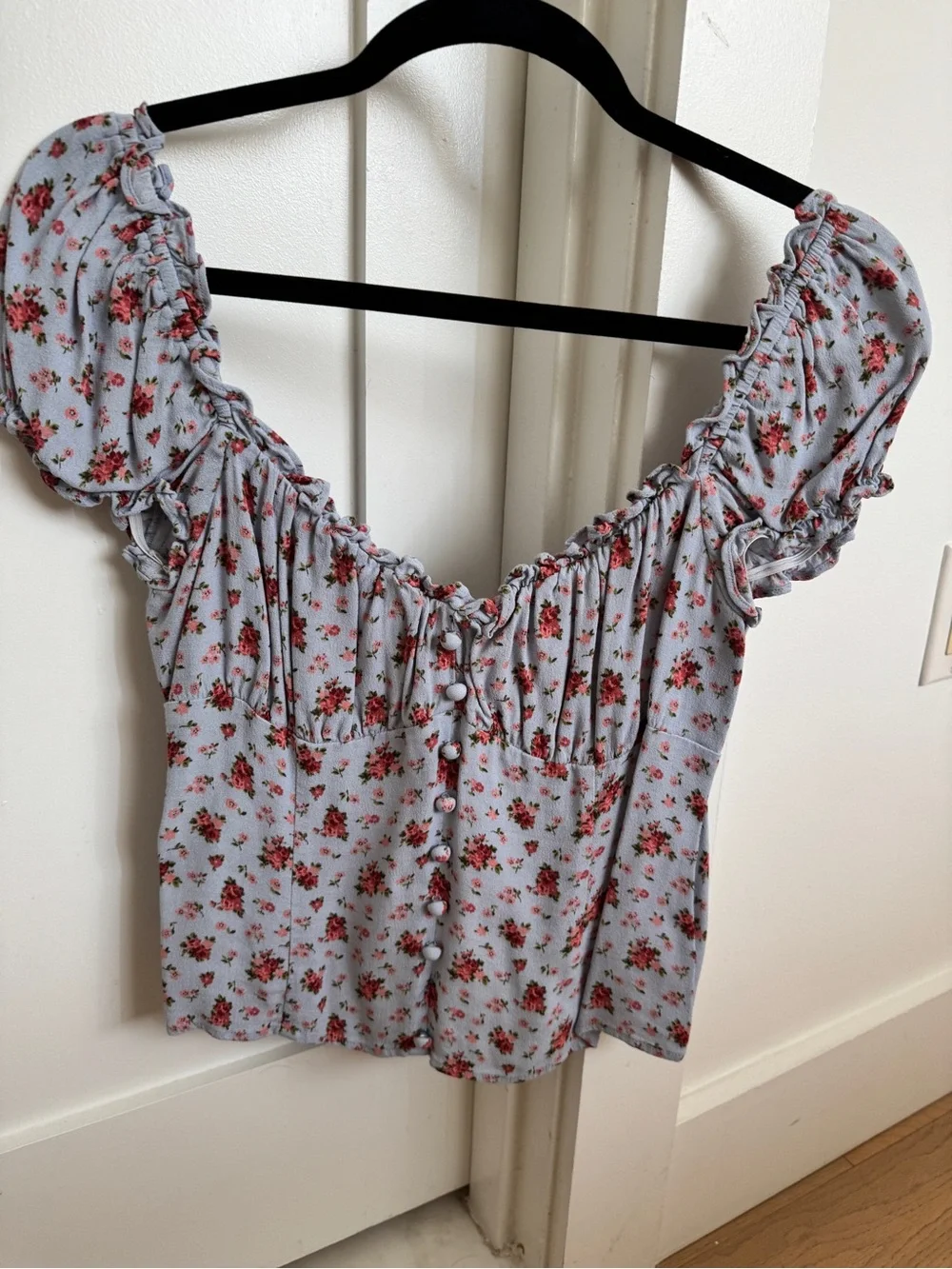 Reformation Light Blue Floral Button-Front Puff Sleeve Top